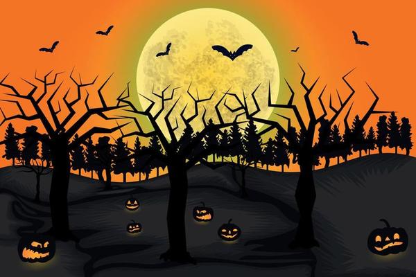 Happy Halloween Night Background. Halloween pumpkins, Graveyard, Spooky trees and Haunted House with Horror Halloween Concept Vector Illustration.