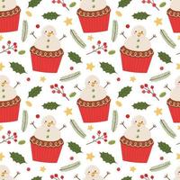 Cute snowman cupcake seamless pattern, hand drawn on a white background. vector