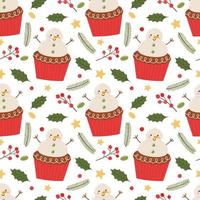 Cute snowman cupcake seamless pattern, hand drawn on a white background. vector