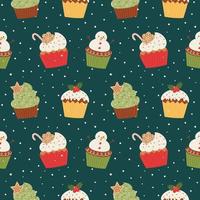 Christmas cupcakes seamless pattern. Seamless pattern in a flat cartoon style on a dark green background. Vector illustration