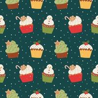 Christmas cupcakes seamless pattern. Seamless pattern in a flat cartoon style on a dark green background. Vector illustration