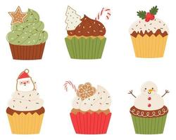 Christmas cupcakes set. Various holiday cupcakes in flat cartoon style. Vector illustration isolated on white background