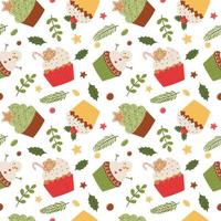 Christmas cupcakes seamless pattern. Seamless pattern in a flat cartoon style on a white background. Vector illustration