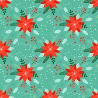 Christmas seamless pattern with poinsettia flowers, branches and berries on a light green background. Vector background for christmas packaging, fabric, textile, wrapping paper