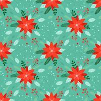 Christmas seamless pattern with poinsettia flowers, branches and berries on a light green background. Vector background for christmas packaging, fabric, textile, wrapping paper