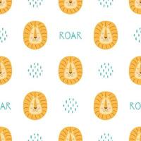Cute lion baby pattern. Childish fabric print with funny safari lions head. Scandinavian kids texture for wrapping paper, textile, wallpaper. Safari animal background. Vector illustration background.