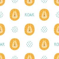 Cute lion baby pattern. Childish fabric print with funny safari lions head. Scandinavian kids texture for wrapping paper, textile, wallpaper. Safari animal background. Vector illustration background.