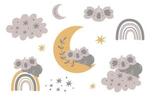 Cute baby koala sleeping on the moon clipart collection. Kids moon, baby animal, koala bear, cloud rainbow, stars. Nursery sweet dream sleeping graphic elements. Hand drawn set. Vector illustration.