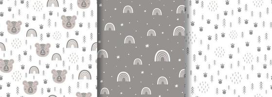 Woodland seamless pattern set. Scandinavian animal paw, forest tree. Cute wildlife surface. Baby bear, rainbow, kids tribal background, fabric, textile design. Rustic vector illustration. Grey color.