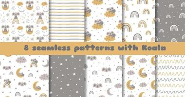 Grey baby pattern set. Grey and white baby background. Cute koala print, clouds, moon, star, rainbow. Koala baby animal textile collection. Baby Shower design, good night dreaming vector illustration.