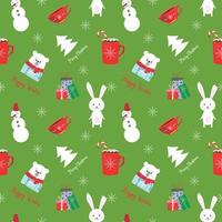 Christmas seamless patterns. Xmas endless textures for wallpaper, web page background, wrapping paper, etc.  Winter bunnies, stylized firs, vector