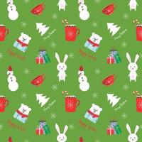 Christmas seamless patterns. Xmas endless textures for wallpaper, web page background, wrapping paper, etc.  Winter bunnies, stylized firs, vector