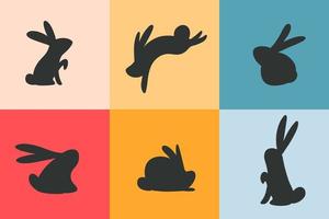 Flat Vector set of flat black rabbits silhouettes in square shape for New year decoration icon design