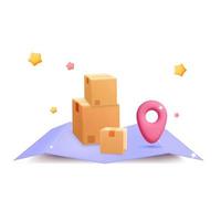 Servicio de entrega en línea rápido de vector 3d con paquete de paquete, ubicación de pin y banner de mapa
