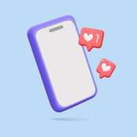 3d vector social media like symbol on smartphone cartoon render banner design