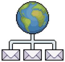 Pixel art world email network, planet earth with letter icon vector icon for 8bit game on white background