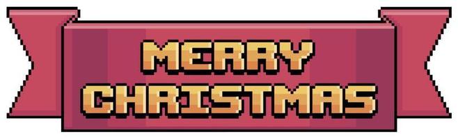 Pixel art red ribbon with merry christmas, banner with golden merry christmas vector icon for 8bit game on white background