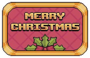 Pixel art christmas ornament with red background and gold borders with merry christmas text vector icon for 8bit game on white background