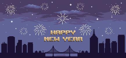 fondo de ciudad de arte de píxeles con fuegos artificiales de año nuevo, cinta negra feliz año nuevo, fondo de ciudad minimalista para juego de 8 bits vector