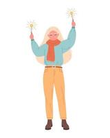 Woman with sparklers. Happy New Year, Merry Christmas, Happy Holidays. Winter time, winter fun. vector