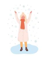 mujer saludo temporada de invierno. mujer feliz jugando con copos de nieve. hola tarjeta de felicitación de invierno. horario de invierno vector