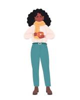 Black woman in sweater with cup of hot drink. Woman with coffee. Winter time, happy holidays, hygge vector