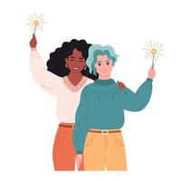 Lesbian couple with sparklers. Family celebrating New Year or Christmas. Winter time, winter fun. vector