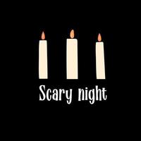 texto de noche de miedo con ilustración de velas sobre fondo negro vector
