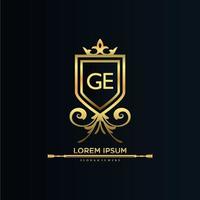 GE Letter Initial with Royal Template.elegant with crown logo vector, Creative Lettering Logo Vector Illustration.