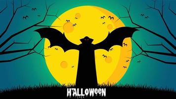 fondo del día de halloween - drácula extiende alas que se paran en el suelo frente a la luna vector