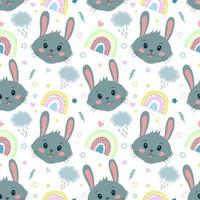 Cute seamless vector pattern with rabbits, hearts, clouds, rainbows and stars. Seamless vector printing on children's fabrics, wallpaper, textiles.