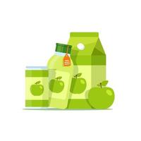 bebida de manzana verde en lata, vaso de plástico y vaso de vidrio aislado en fondo blanco, jugo y batido vector