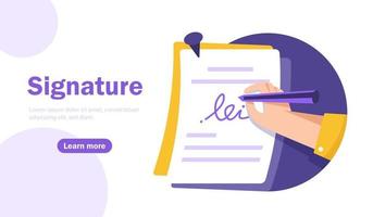 Man putting esignature into legal document. Digital signature concept. Businessman signing an agreement or contract online. Colorful vector illustration in flat cartoon style