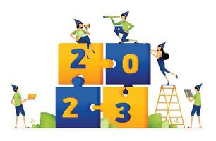 Illustration of people partying and welcoming turn of the new year 2022 to 2023 by playing and solving puzzle games. Designed for website, landing page, flyer, banner, apps, brochure, startup company vector