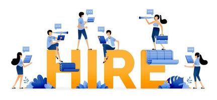 Illustration of the word hire with jobseekers looking for, discussing and exchanging information about job vacancies. Designed for website, landing page, flyer, banner, apps, brochure, startup company vector