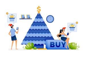 Illustration of people celebrating christmas by buying and shopping gifts with discount coupons in every purchase. Designed for website, landing page, flyer, banner, apps, brochure, startup company vector