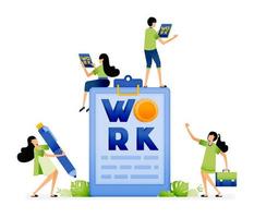 Illustration of people working around at words of work. For the needs of job seekers, vacancies and human resources. Designed for website, landing page, flyer, banner, apps, brochure, startup company vector