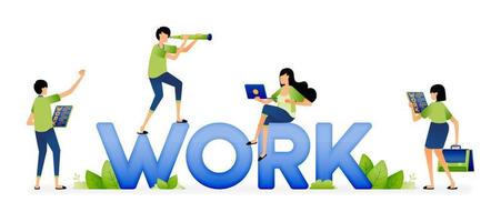 Illustration of people move around at words of work. People trying to find work, hard work and teamwork. Designed for website, landing page, flyer, banner, apps, brochure, startup media company vector