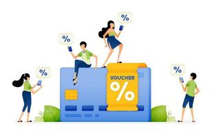 Illustration of people looking for vouchers, points, discounts, bonuses and rewards in every credit card transaction. Designed for website, landing page, flyer, banner, apps, brochure, startup company vector