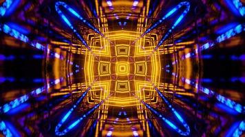 Fliegen in einem Tunnel mit blinkenden gelben Leuchtstofflampen. Kaleidoskop-Animation in Endlosschleife. video