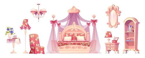 dormitorio rosa, juego de vectores de muebles de habitación de princesa