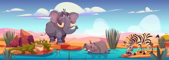 Elephant, zebra, crocodile, hippo on river shore vector