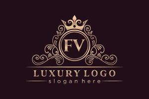 FV Initial Letter Gold calligraphic feminine floral hand drawn heraldic monogram antique vintage style luxury logo design Premium Vector