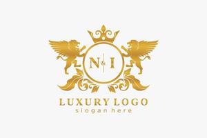 Initial NI Letter Lion Royal Luxury Logo template in vector art for Restaurant, Royalty, Boutique, Cafe, Hotel, Heraldic, Jewelry, Fashion and other vector illustration.