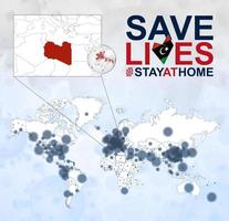 mapa mundial con casos de coronavirus enfocados en libia, enfermedad covid-19 en libia. eslogan salva vidas con la bandera de libia. vector