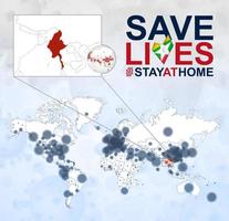 World Map with cases of Coronavirus focus on Myanmar, COVID-19 disease in Myanmar. Slogan Save Lives with flag of Myanmar. vector