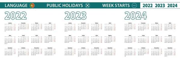 plantilla de calendario simple en portugués para 2022, 2023, 2024 años. la semana comienza a partir del lunes. vector