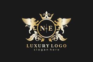 Initial NE Letter Lion Royal Luxury Logo template in vector art for Restaurant, Royalty, Boutique, Cafe, Hotel, Heraldic, Jewelry, Fashion and other vector illustration.