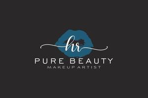 diseño de logotipo prefabricado inicial de labios de acuarela hr, logotipo para marca comercial de artista de maquillaje, diseño de logotipo de boutique de belleza rubor, logotipo de caligrafía con plantilla creativa. vector