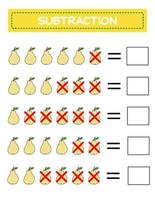 sustracción. hoja de trabajo de matemáticas para niños. desarrollo de habilidades numéricas. Resuelve ejemplos y escribe. matemáticas. ilustración vectorial. juego educativo de matemáticas para niños. resta para niños.. vector